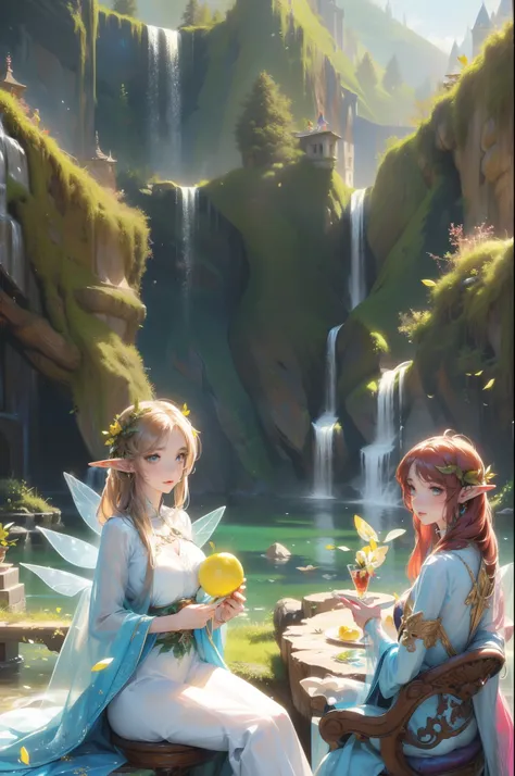 ( Absurd, High quality, ultra-detailed, masterpiece, concept art, smooth, highly detailed artwork, hyper-realistic painting ) , elf, lemon elf, lemon, transparent fairy wings, fairytale, Romantic, Vivid, whole body, in nature with waterfall, stunning beaut...