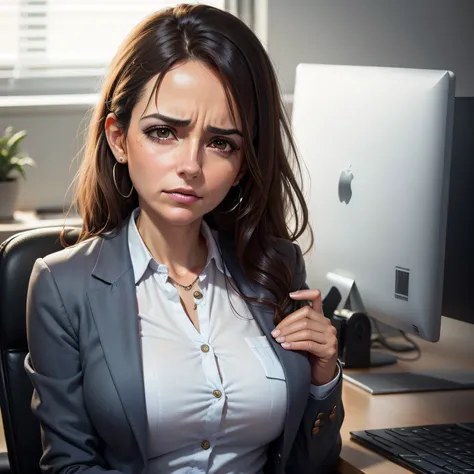 (Detailed description) (melhor qualidade)Create a realistic picture of a tired woman in the office from working daily