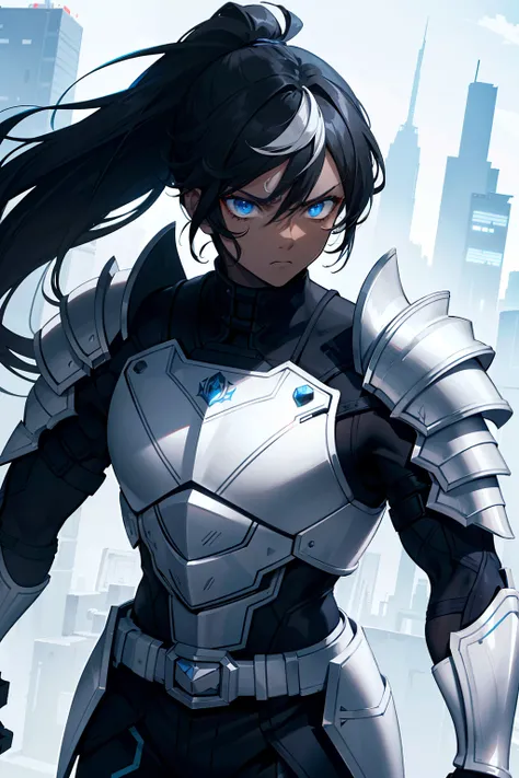 "dark-skinned with a menacing scowl, black hair styled in a layered ponytail with vibrant white highlights, fierce blue eyes, muscular physique adorned in black and white sci-fi gothic armor, with intricate black armor plating."