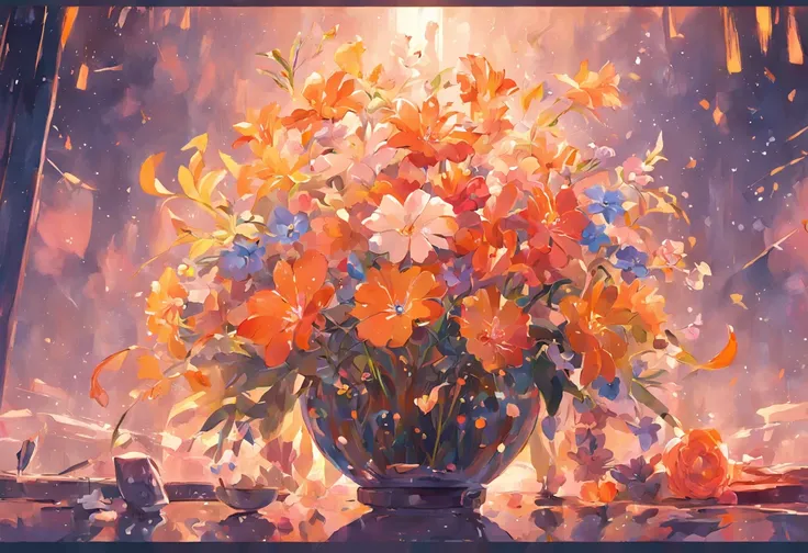 (Still life flowers are placed on the table),There is mild sunlight,Bright flowers,super detailing,best qualtiy,tmasterpiece,8K，Extremely detailed，OilPaintStyle