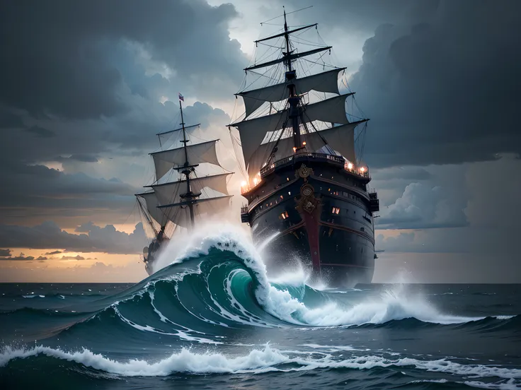 "Generate an ultra-high definition image of an ancient pirate ship battling the fury of a tempestuous sea. Utilize advanced lighting techniques to capture the interplay of lightning against the dark, dramatic sky, creating a sense of imminent danger and ad...