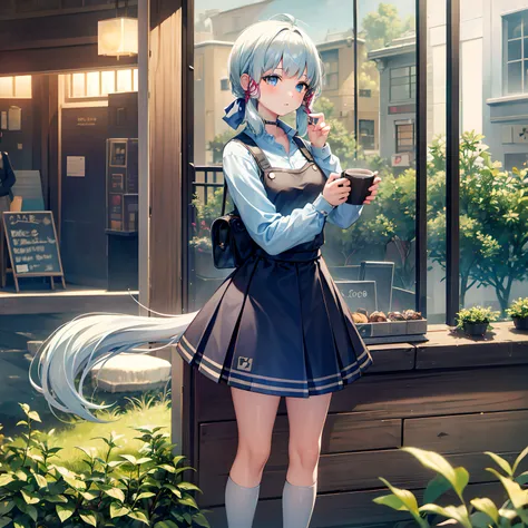 1girll，Cafe，By the window，kawa，Hold your chin with your hands，Headsets，Pondering，frontage，Look forward，Single horsetail，School uniform JK，High resolution 4K，Full character，cellular phone，natta