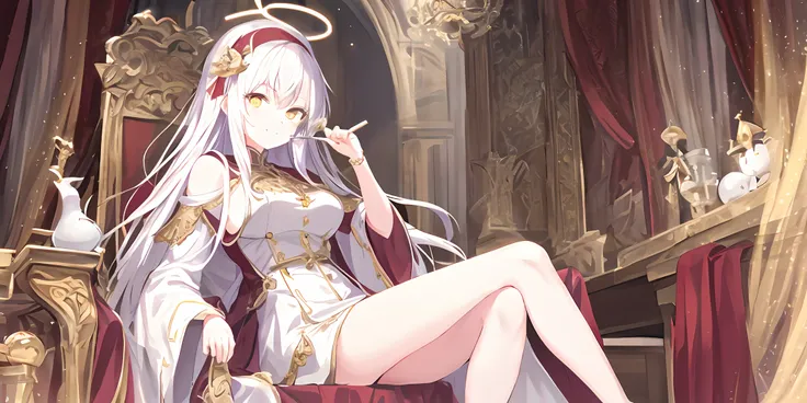 Pope full body，Poor milk，On the scepter，seated on a throne，（（A big, Light white red robe，The pattern is complex）），（1个Giant Breast Girl），（独奏），（cute anime face），Gold eyes，long  white hair，ssmile，The halo，（Sit on a low throne），In a magnificent castle，A high r...