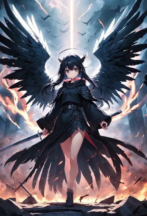 Realistic, 4K, Angels with big wings, Black clothes, one sword, Hood in war background picture (chaos)