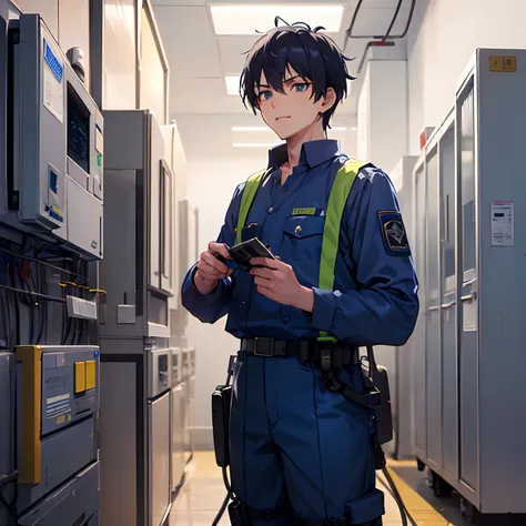 (masterpiece:1.2), (electrician boy in anime-style handsome network and distribution line wearing blue uniform:1.2), (all person...