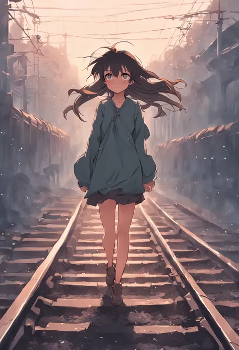 Abandoned station Girl walking alone on the railroad tracks The wind ruffled her hair