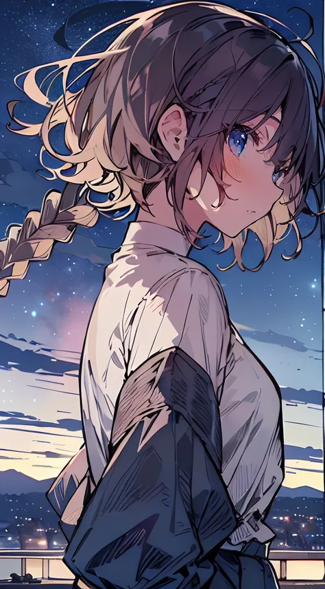 masutepiece, Best Quality,Illustration, Wallpaper, Ultra Detail, absurderes, 1girl in、 (Medium short hair、short braided hair), Beautiful ultra-detailed eyes , Hair fluttering in the wind、Smaller head、Beautiful night sky、(a panoramic view:1.5)