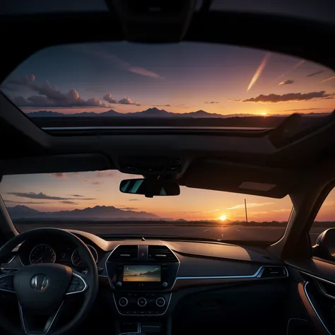 the setting sun，evening light，view from long distance，realisticlying，plethora of colors，Gorgeous and colorful，Shoot at night，Positive，natural style，hdr shot，Inside the car，Look inside the car，Sunset is just ahead，Faraway view，Blurred foreground，Ultra-clear...