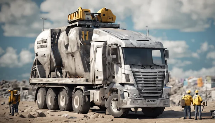 Mens white top，Denim cargo pants，Wash the machine with Karcher，Clean yellow cement truck，夏天，Blue sky，Construction site scene，ultra-realistic image，Miniature scenes，centered composition，Elevation viewing angle，ultra-realistic image，Real-world scenarios，8K分辨...