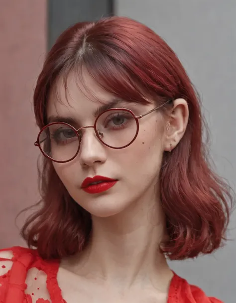 There is a woman with glasses and a necklace with a heart, inspirado por Ion Andreescu, inspirado em Elsa Bleda, No estilo de Petra Collins, cynthwave, wearing red tainted glasses, thick glasses, cabelo longo molhado pingando, with square glasses, thick re...