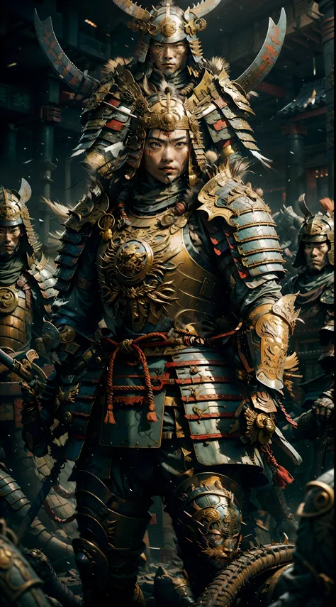 Woman, long haired, skilled and agile samurai, whose armor is adorned with serpent details carved in green jade, armor is elegant and flexible, allowing her to move with grace and precision, Elmo possesses a carved serpent that appears to be moving, while ...