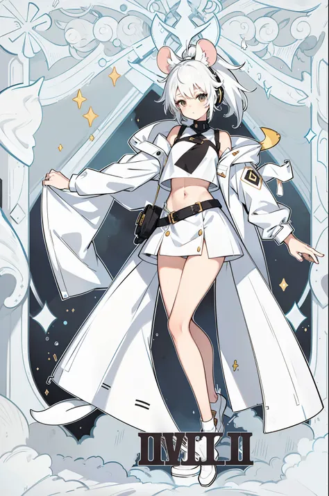 2D Beautiful Girl，Mouse ears，White color hair，two tone color hair，High ponytail，Crop tops，The character is in the center of the frame，Full body like，Bare legged，Stand naturally，Heteropupil，leg loops，a warm color palette，wind coat，wearing headphone