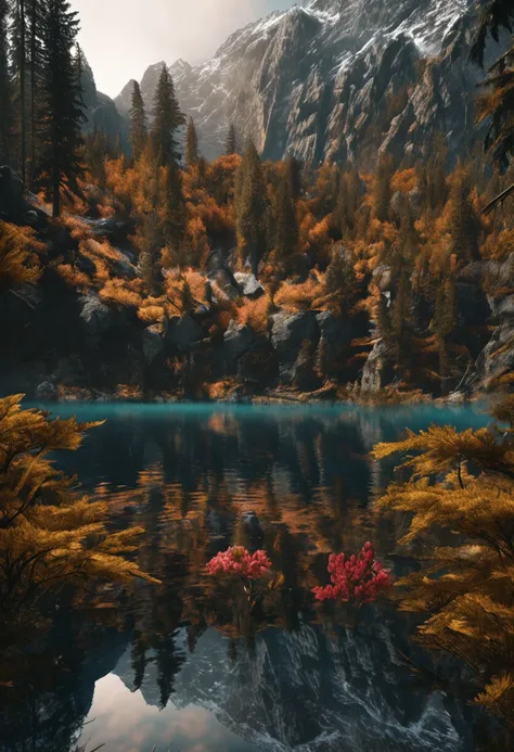 (Dark magic:1.2), (Grim:1.1) forest, springtime，A man stands in the Alps, (Intricate details), A mirror-like lake，(ultra - detailed), 8k hdr, high detal, A lot of detail, High quality,Tyndall effect， (Colored:1.3)