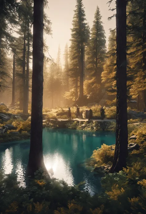 (Dark magic:1.2), (Grim:1.1) forest, springtime，A man stands in the Alps, (Intricate details), A mirror-like lake，(ultra - detailed), 8k hdr, high detal, A lot of detail, High quality,Tyndall effect， (Colored:1.3)