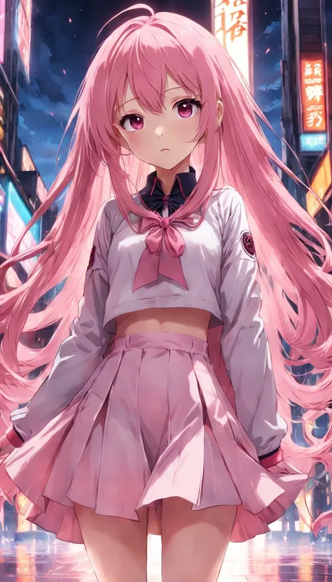 Female anime style, long pink  hair, Glued short skirt,