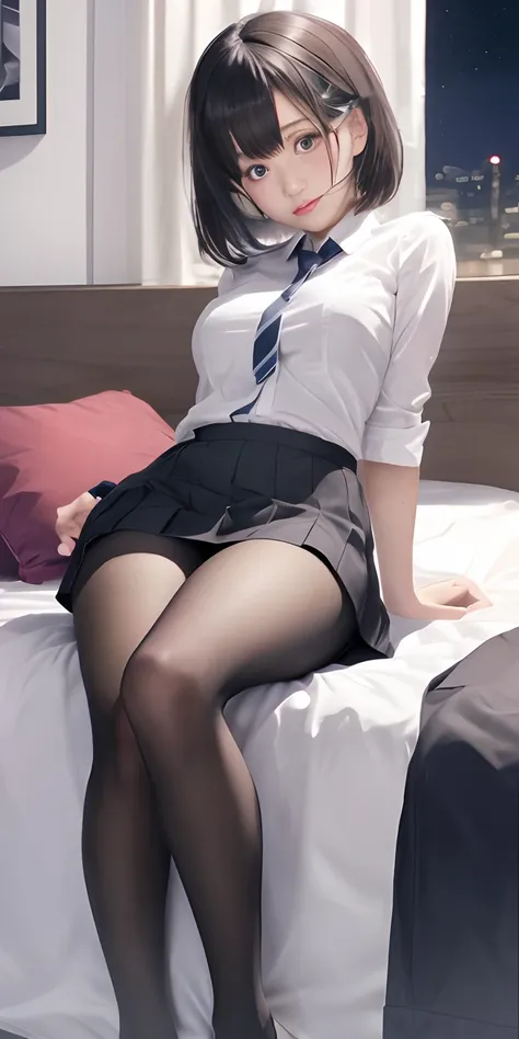 Girl in short skirt and tie sitting on bed, a hyperrealistic schoolgirl, a hyperrealistic schoolgirl, , Seductive Girl, Realistic Girls, 2b, 2 b, Photorealistic photorealistic girl rendering,  Ilya Kuvshinov、sexy facial expression、with blush cheeks、Dark ha...