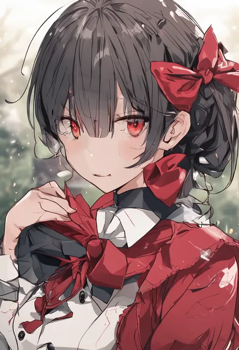 hyper realisitc，tmasterpiece，best qualityer，highly  detailed，Kizi，cowboy lens，dual horsetail，hair bow，whitebowties，white  shirt，longer sleeves，Sailor collar，Red ribbons，reddress，pleatedskirt，embarressed，Be red in the face，ssmile，Astringent