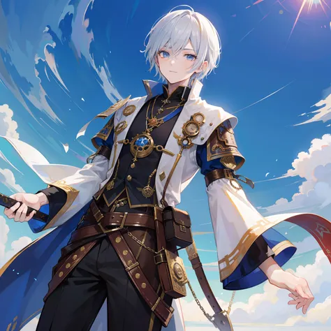 A young man with short white emo style hair he is kind with an innocent smile with steampunk robes technomage style he is in a medieval city a medieval city on a beautiful blue sky day he is a medieval rpg character an art for rpg a medieval art for rpg ar...