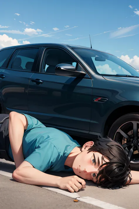 A boy with，Lying on the ground in despair，Look at the sky，The Car