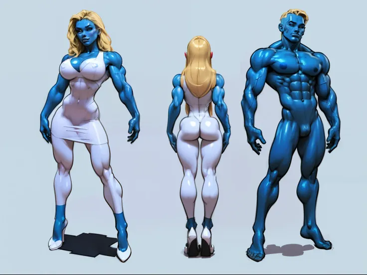 ((masterpiece)),(((best quality))),((character design sheet)), ((full body view)) illustration,1girl, muscular The Smurfs in background, ((blue skin:1.2)), Smurfette, light blonde hair, white dress ((detailed face:1.4)) blue woman, shiny skin, scribbles an...