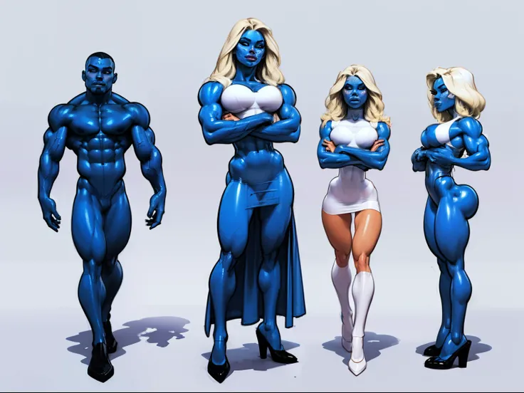 ((masterpiece)),(((best quality))),((character design sheet)), ((full body view)) illustration,1girl, muscular The Smurfs in background, ((blue skin:1.2)), Smurfette, light blonde hair, white dress ((detailed face:1.4)) blue woman, shiny skin, scribbles an...