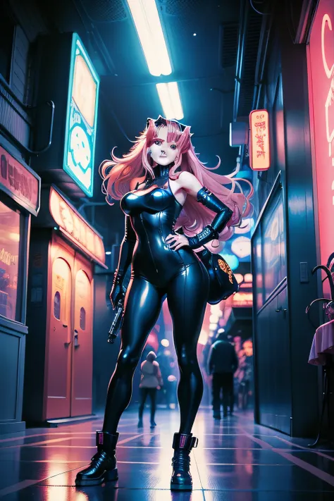 Retro 90s anime-style environment wide-angle shot，Nightly chaotic arcade shots; A woman in street clothes; author：Hajime Sorayama, greg tocchini, Virgil Finlay, Sci-fi. Line art. Environmental arcade art.