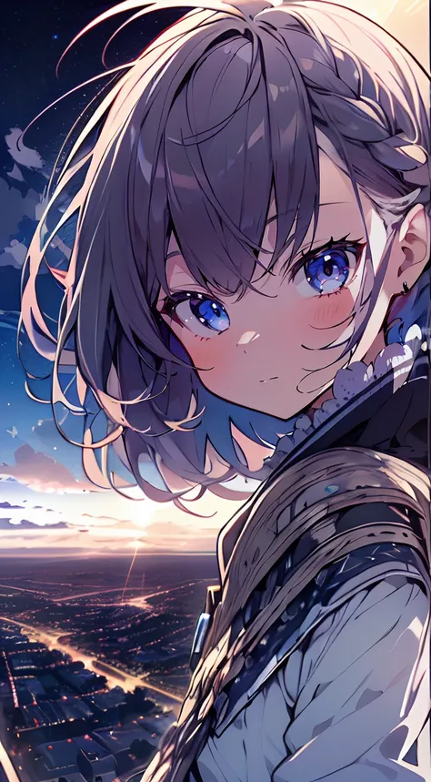 masutepiece, Best Quality,Illustration, Wallpaper, Ultra Detail, absurderes, 1girl in、 (Medium short hair、short braided hair), Beautiful ultra-detailed eyes , Hair fluttering in the wind、Smaller head、Beautiful night sky、(a panoramic view:1.5)