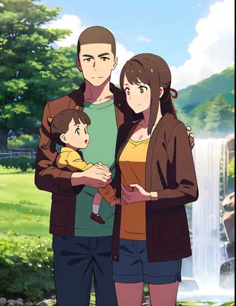 shinkai makoto, kimi no na wa., family of four,1boy, buzzcut, brown jacket, open clothes, white shir, grey pants, holding hands, hold hand daughter child, dad, 1girl, bangs, Brown eyes, waterfall braid, red ribbon, long hair, light pink cardigan, open clot...