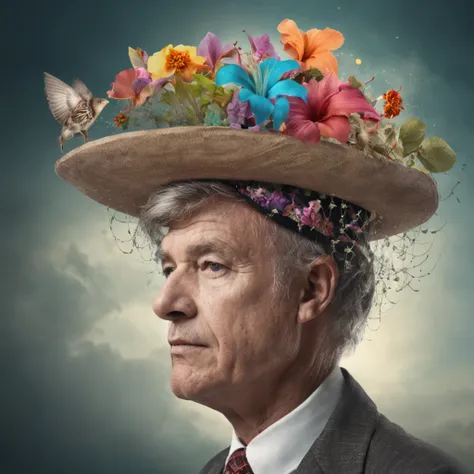 In a beautiful surreal portrait, An inquisitive man appears wearing a hat decorated with flowers on his head. The image is a true surrealist digital work of art, Inspired by the magical work of Maxim Verekhin. Every detail of the illustration is impressive...