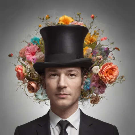 In a beautiful surreal portrait, An inquisitive man appears wearing a hat decorated with flowers on his head. The image is a true surrealist digital work of art, Inspired by the magical work of Maxim Verekhin. Every detail of the illustration is impressive...