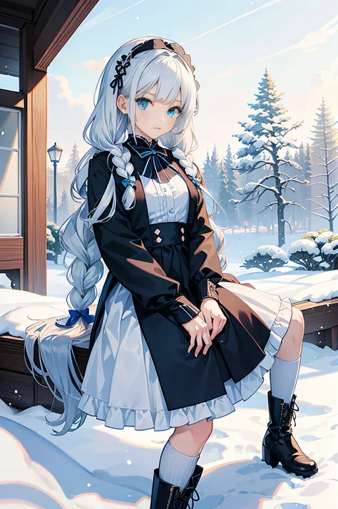 masterpiece, best quality, snow, in winter, beautiful detailed sky, comic, Japanese, bust, girl, idol, medium hair, white hair, twin braids, hair bow, blue hairband, aqua eyes, blue eyes, seifuku, kneehighs, boots, sunglasses,