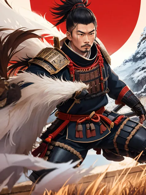 Visualize a powerful samurai in the midst of an important historical moment, displaying their skill and bravery as they make a decisive move that will change the course of history