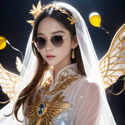 Snowy moonlit night，Transparent wings，Magic wand，Wear thick gold-framed reflective sunglasses，32K（tmasterpiece，k hd，hyper HD，32K）Light orange flowing hair，Silver Skull jewelry district in an abandoned pond，Indigo Skull King ，Skeleton protector （The skeleto...