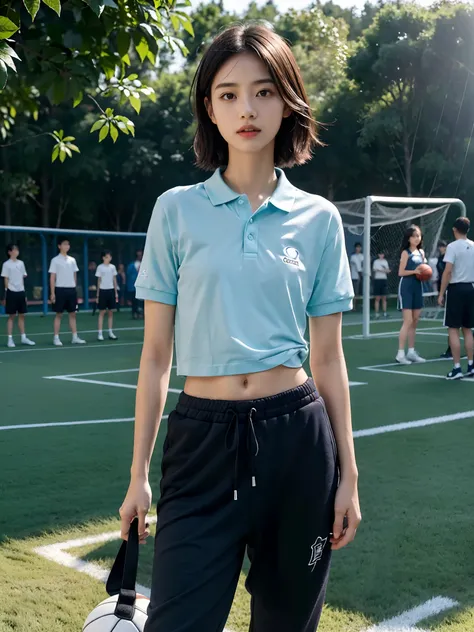 ((smallunderboob,Tomboyish,small heads)), (Well-defined abs: 1.1), (perfect bodies: 1.1), (short-length straighthair: 1.2), Black hair, fully body photo，White sneakers，（极其细致的CG 8k壁纸），（Extremely refined and beautiful），（tmasterpiece），（best qualtiy：1.0），（超A h...