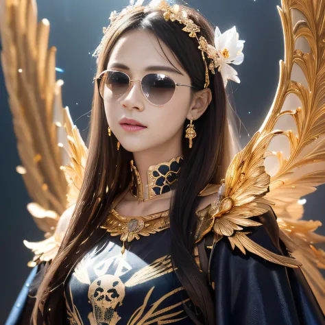 Dark moonlit night，Transparent wings，Magic wand，Wear thick gold-framed reflective sunglasses，32K（tmasterpiece，k hd，hyper HD，32K）Light orange flowing hair，Silver Skull jewelry district in an abandoned pond，Indigo Skull King ，Skeleton protector （The skeleton...