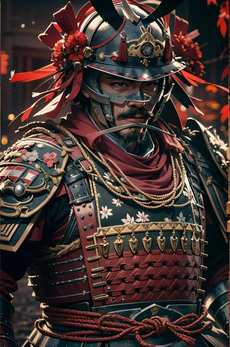 Japan samurai in armor、Highest bit、Highly detailed armor、reddish、ck、perfect style、Highly detailed background，Realistic，ultra-detailliert，super detailed skin，light glow，Film grain，Expro II，Lens Flare，Sharpen，cinematic shadow