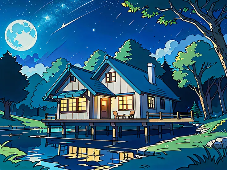 (La mejor calidad:0.8), (La mejor calidad:0.8), Perfect anime illustration in Studio Ghibli style, Un bosque en la noche, con la luz de la luna, un camino, A house and a small lake