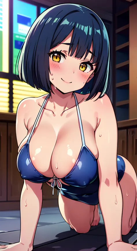 (Perfect body),Best Quality,(8K Portrait),(anime screen cap)、((Police Woman))、 srestrained,blush,Sweat,((large udder)) ,((puffy niples))、(Dark hair),((bob cuts))、Yellow eyes、Tied wrists,(thick thighs),((Navy Blue High Leg Swimsuit ))、adult  woman、((A smile...