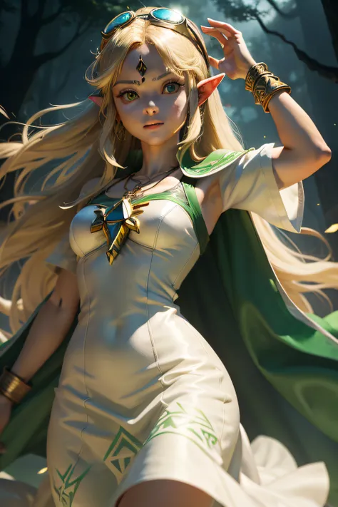 Zelda, TOTK, triforce, long white dress, mid-length hair, green jewelry, toga, round goggles, glowing jewelry, leather goggles