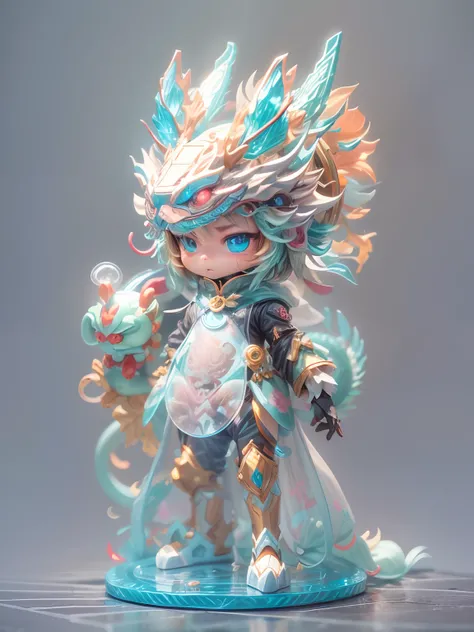 chinesedragon, (Blind box toy style:1.2), (Full body shot) ,  1 Transparent cute boy,Behind him is a transparent and cute Chinese dragon, Transparent mech, Exquisite helmet:1.2, Luminous goggles:1.2, Cyberpunk, dreamy glow, luminous neon lights, Clean, Whi...