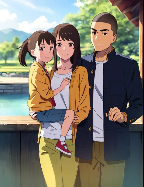 shinkai makoto, kimi no na wa., family of four,1boy, buzzcut, brown jacket, open clothes, white shir, grey pants, holding hands, hold hand daughter child, dad, 1girl, bangs, Brown eyes, waterfall braid, red ribbon, long hair, light pink cardigan, open clot...