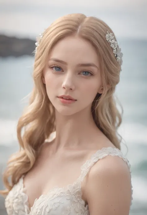 1 beautiful girl, (Realistic:1.3) full bodyesbian, standing photo, Stand in front of the blue sea, White wedding dress, Soft dress, blond hairbl, Blue eyes, Wavy hair, Masterpiece, diffused soft lighting, Portrait, Best quality (Perfect face:1.4), Ultra-re...