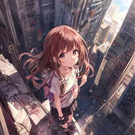 absurderes, hight resolution, (Anime style:1.1), ((masutepiece)), ((Best Quality)), (Ultra-detailed), (Beautiful), 独奏, Beautiful face、(liftup)、Cute little girl who fell from the top of a skyscraper and crashed to the ground,Wind,thin brown hair, eyes are b...