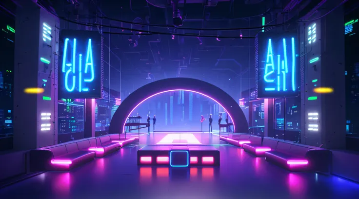 bright stage，With neon signs and benches, cyberpunk nightclub, Cyberpunk Church, Futuristic setting, sci-fi night club, Futuristic church, Futuristic neon, Neon roof, cyberpunk neon lights, cyber neon lights, cyberpunk futuristic neon, stylized neon, futur...