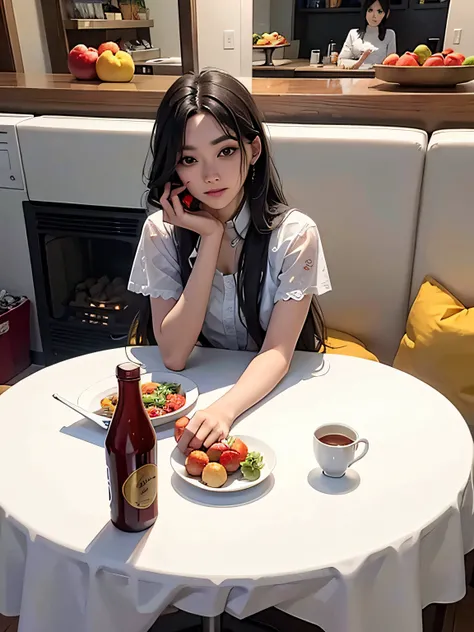 Long hair makeup woman sitting in front of table looking at fruit in hand，