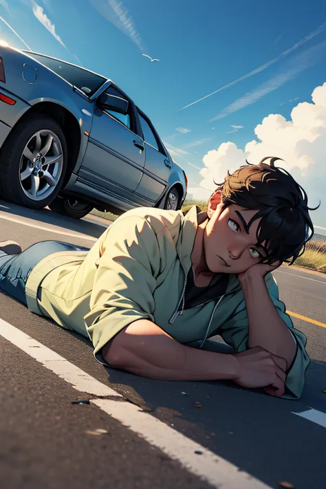 A boy with，Lying on the ground in despair，Look at the sky，The Car，HighestQuali