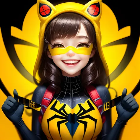 Crime more cheerful yellow background and emoji with the mask of the cheerful girl spider-man