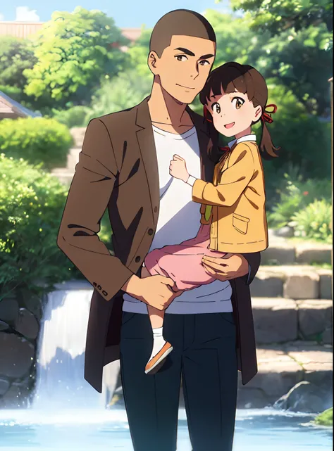 shinkai makoto, kimi no na wa., family of four,1boy, buzzcut, brown jacket, open clothes, white shir, grey pants, carrying child, dad, 1girl, bangs, Brown eyes, waterfall braid, red ribbon, long hair, light pink cardigan, open clothes, yellow shirt, orange...