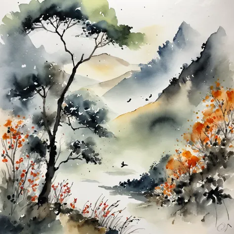 A mountain on white paper，Expressed in ink only々There is also a sea of clouds and moonlit nights、pale touch、ink and watercolor painting，（（jasmine flowers）），（Birds fly over the hills：1.3）