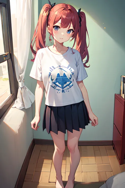 1girl, from above, standing, casual clothes, twintails, t-shirt, skirt, bedroom, wall, window, wide angle, pov, from front